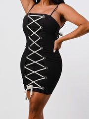Load image into Gallery viewer, Corset-Style Mini Dress With Contrast Lacing – Black