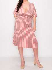 Load image into Gallery viewer, Shorty Stripped V-Neck Dress with strap belt