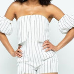 Load image into Gallery viewer, Bardot Puff Sleeve Romper in Nautical Stripes – Off White
