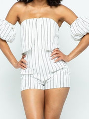 Load image into Gallery viewer, Bardot Puff Sleeve Romper in Nautical Stripes – Off White