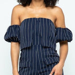 Load image into Gallery viewer, Bardot Puff Sleeve Romper in Nautical Stripes – Navy
