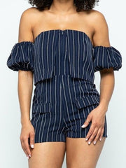 Load image into Gallery viewer, Bardot Puff Sleeve Romper in Nautical Stripes – Navy