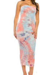 Load image into Gallery viewer, Sunset Splash Tie-Dye Strapless Bodycon Midi Dress