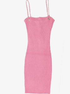 Shorty - Stretch Ribbed Bodycon Dress w/ Metal Chain Strap