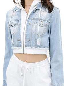 Shorty - Women's Cropped Layered Hoodie Denim Jean Jacket