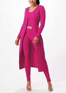 Shorty 3 Piece Ribbed Tank Top Cardigan Set with Leggings - Fuchsia