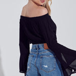 Load image into Gallery viewer, Shorty Off Shoulder Bell Sleeve Crop Top - Black
