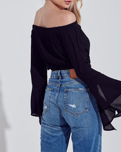 Shorty Off Shoulder Bell Sleeve Crop Top - Black