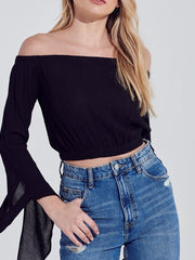 Load image into Gallery viewer, Shorty Off Shoulder Bell Sleeve Crop Top - Black
