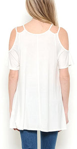 Shorty Round Neck Open Shoulder Short Sleeve Swing Blouse - Soft White