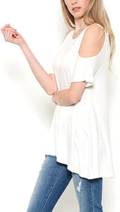 Shorty Round Neck Open Shoulder Short Sleeve Swing Blouse - Soft White