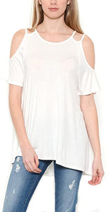 Shorty Round Neck Open Shoulder Short Sleeve Swing Blouse - Soft White