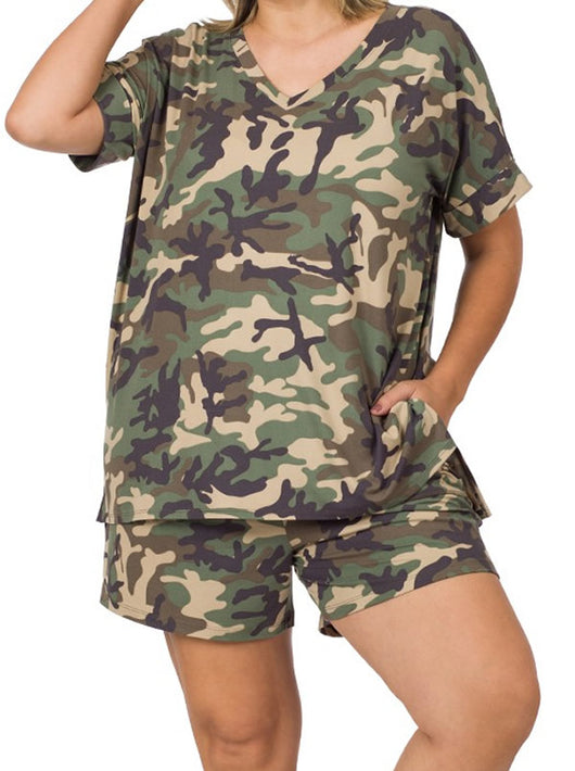 Shorty - Brushed Camouflage vneck Top and Shorts - PLUS