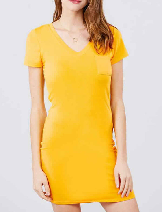 Shorty Solid Vneck Chest Pocket Shirt Dress - Radiant Yellow