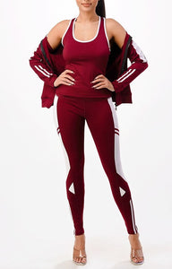 Shorty 3 Piece Active Leggings Tank and Jacket - Burgundy