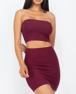 Shorty Ribbed Tube Top & Skirt - Burgundy