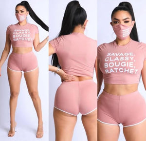 Shorty Crop Top and Short Set with Mask