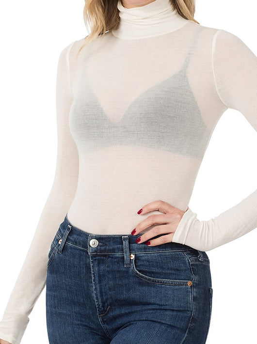 Shorty - Tencel See-thru Turtleneck Long Sleeve Top - Ivory