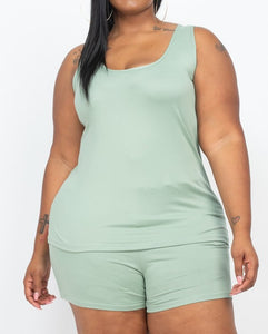 Shorty Tank Top Short Set with Side Pockets - Light Green