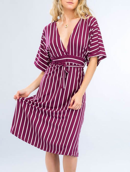 Shorty V-Neck Striped Dress - Burgundy