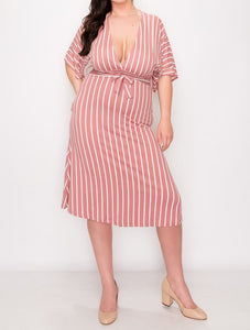 Shorty Stripped V-Neck Dress with strap belt