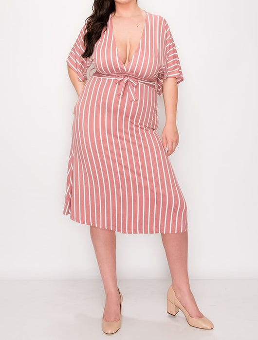 Shorty Stripped V-Neck Dress with strap belt